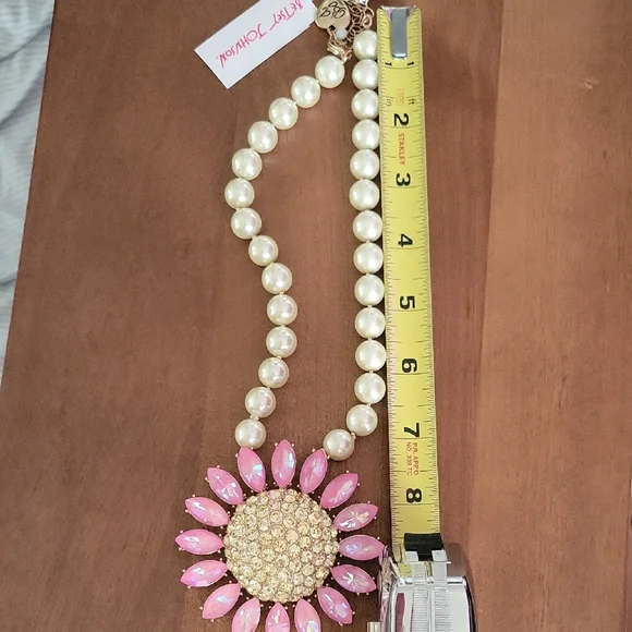 Betsey Johnson Pearl Strand Necklace with Pink Crystal Flower Pendant - Picture 5 of 7